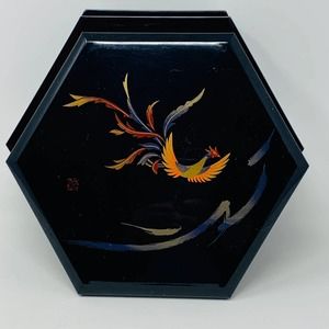 Mid Century MCM Vintage Black Lacquer Plastic Hexagon Trinket Storage Table Box